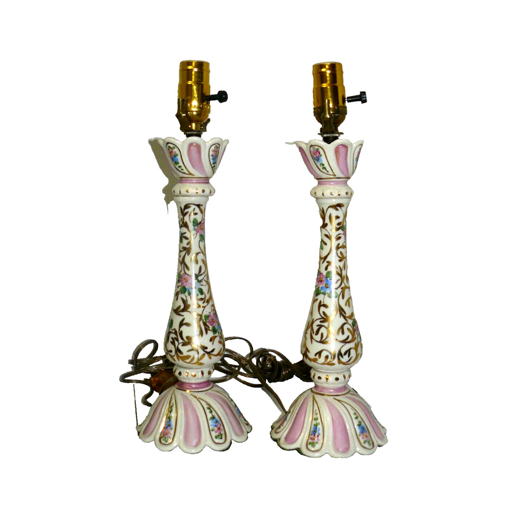 Gilted Pink Blue White Floral Porcelain Pair of Lamps Victorian Style Vintage - Picture 3 of 6